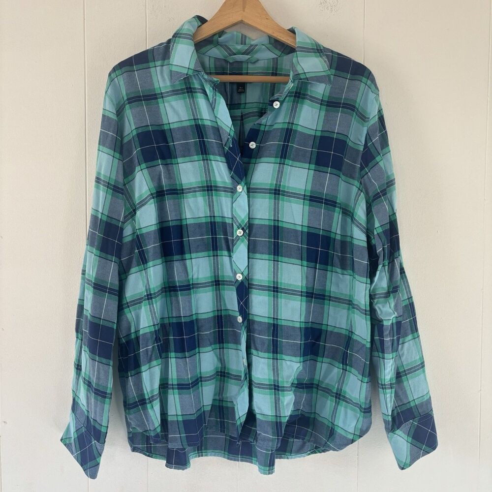 TALBOTS Metallic Flannel Modern Classic Shirt in Frost Bloom Plaid Cotton XL P - Picture 2 of 9